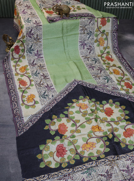 Pure tussar silk saree pastel green and dark grey with kalamkari prints & french knot work and printed border