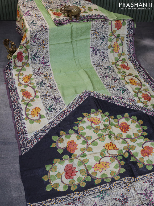 Pure tussar silk saree pastel green and dark grey with kalamkari prints & french knot work and printed border