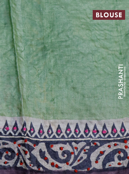 Pure tussar silk saree pastel green and dark grey with kalamkari prints & french knot work and printed border