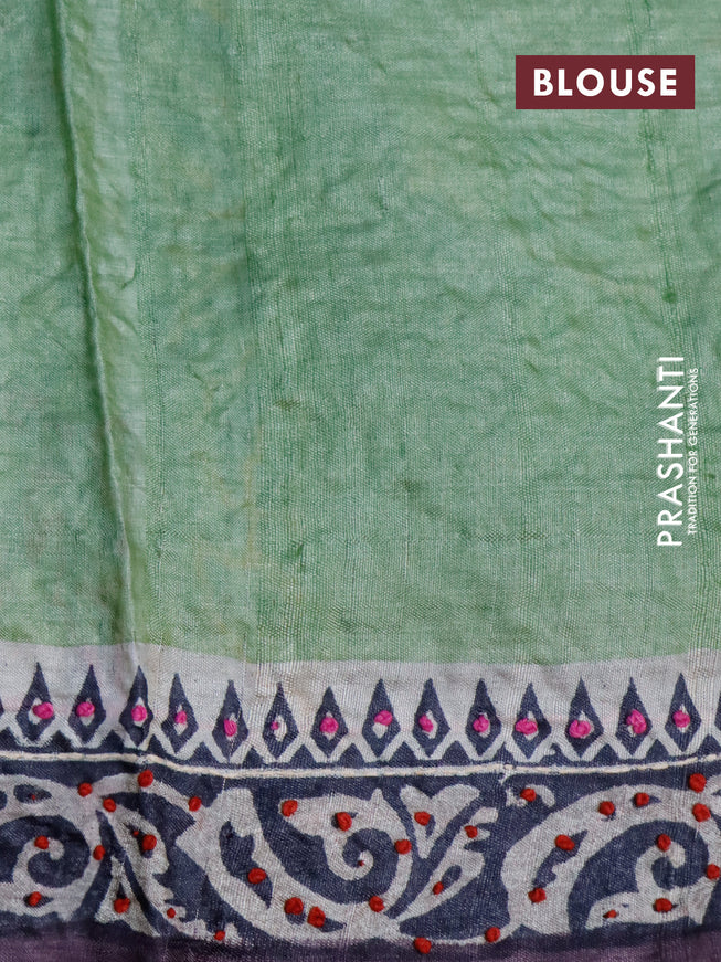 Pure tussar silk saree pastel green and dark grey with kalamkari prints & french knot work and printed border