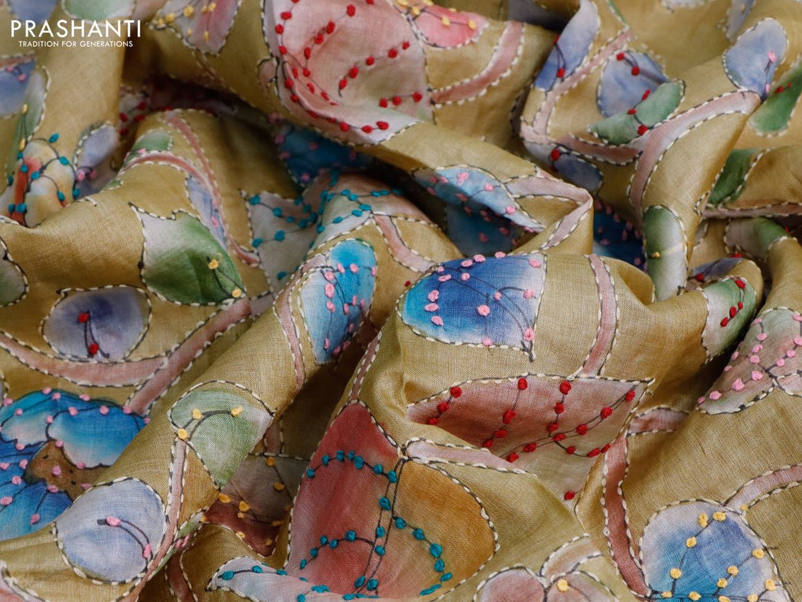 Pure tussar silk saree pastel green and mustard shade with allover kalamkari prints & french knot work and piping border