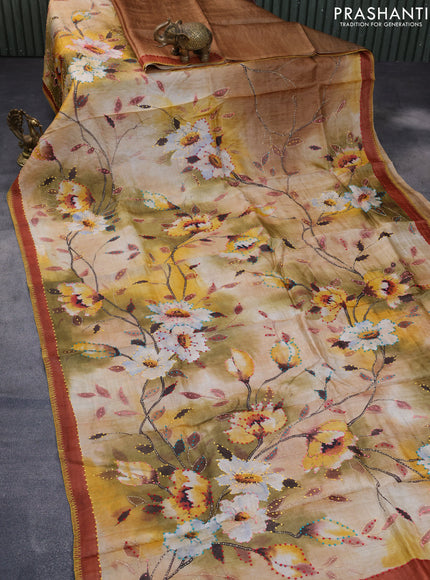 Pure tussar silk saree multi colour and brown shade with allover floral prints & french knot work and piping border