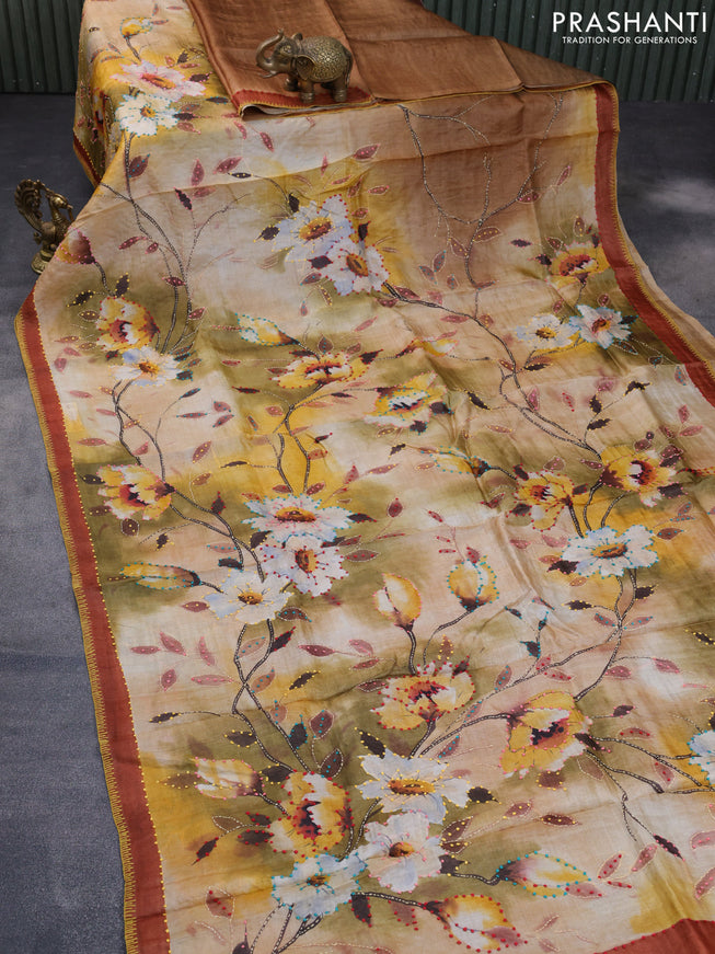 Pure tussar silk saree multi colour and brown shade with allover floral prints & french knot work and piping border