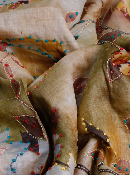 Pure tussar silk saree multi colour and brown shade with allover floral prints & french knot work and piping border