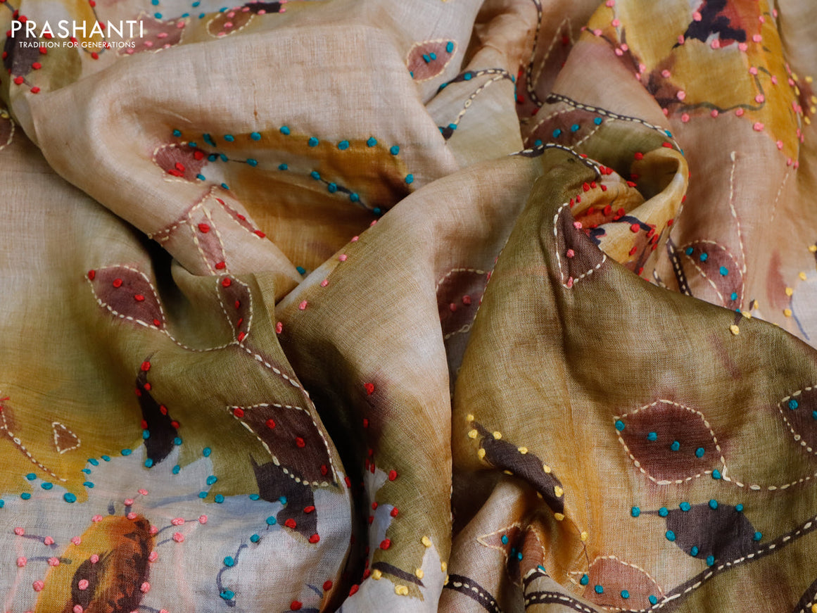 Pure tussar silk saree multi colour and brown shade with allover floral prints & french knot work and piping border