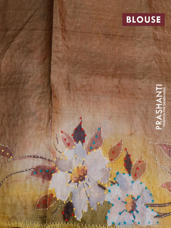 Pure tussar silk saree multi colour and brown shade with allover floral prints & french knot work and piping border