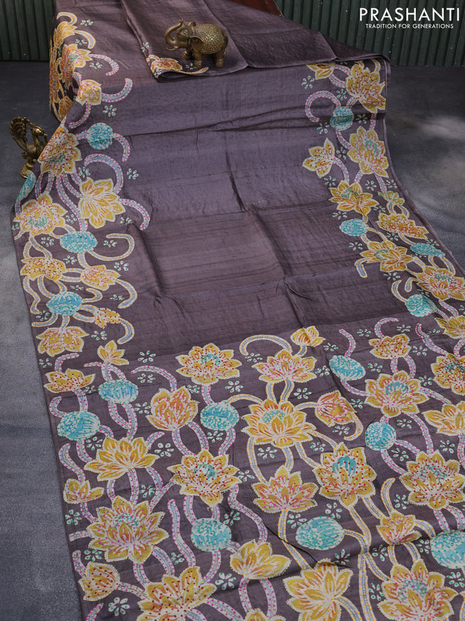 Pure tussar silk saree grey shade with plain body and french knot work pallu