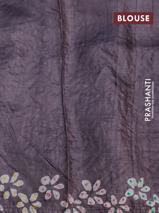 Pure tussar silk saree grey shade with plain body and french knot work pallu