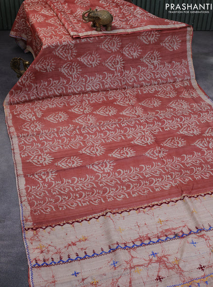 Pure tussar silk saree beige and rustic maroon with alover batik prints and embroidery work pallu