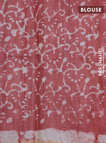 Pure tussar silk saree beige and rustic maroon with alover batik prints and embroidery work pallu