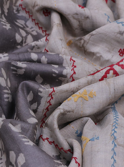 Pure tussar silk saree grey and pastel grey with alover batik prints and embroidery work pallu