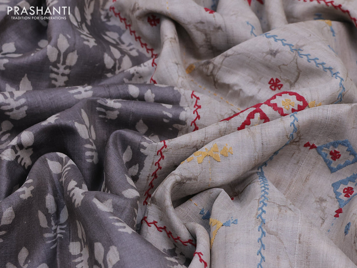 Pure tussar silk saree grey and pastel grey with alover batik prints and embroidery work pallu