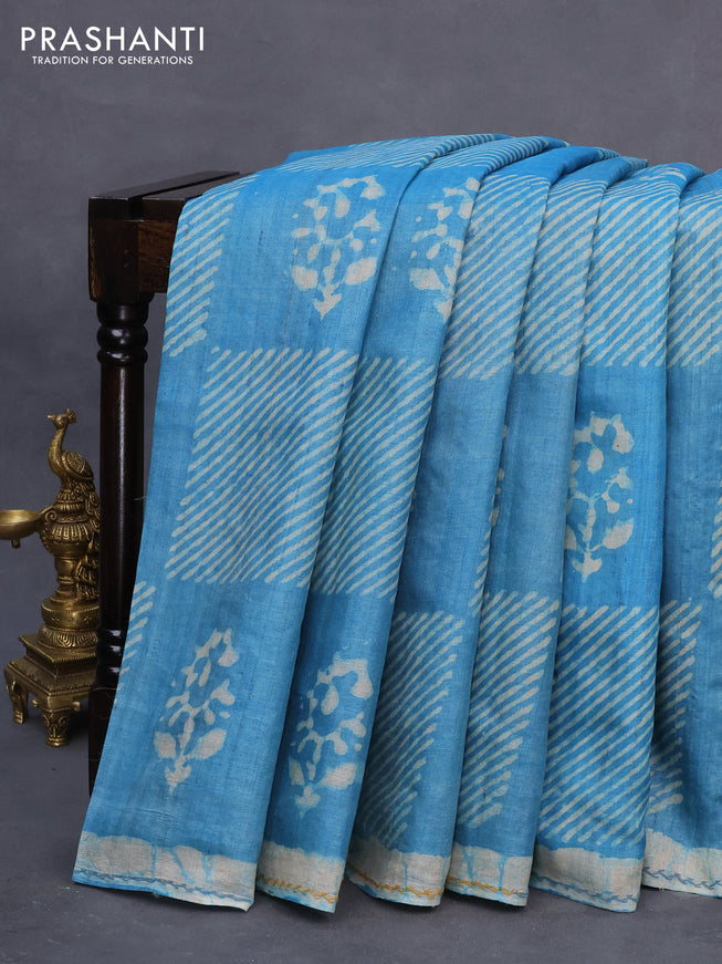 Pure tussar silk saree grey and teal blue with alover batik prints and embroidery work pallu