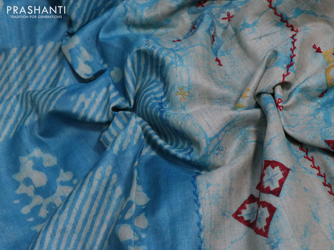 Pure tussar silk saree grey and teal blue with alover batik prints and embroidery work pallu