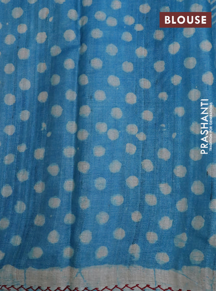 Pure tussar silk saree grey and teal blue with alover batik prints and embroidery work pallu