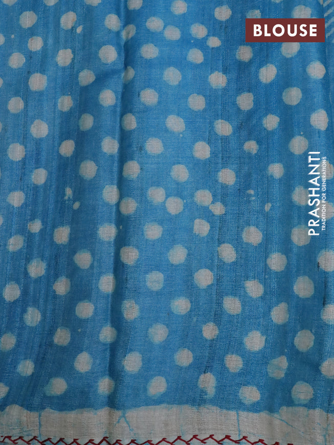 Pure tussar silk saree grey and teal blue with alover batik prints and embroidery work pallu