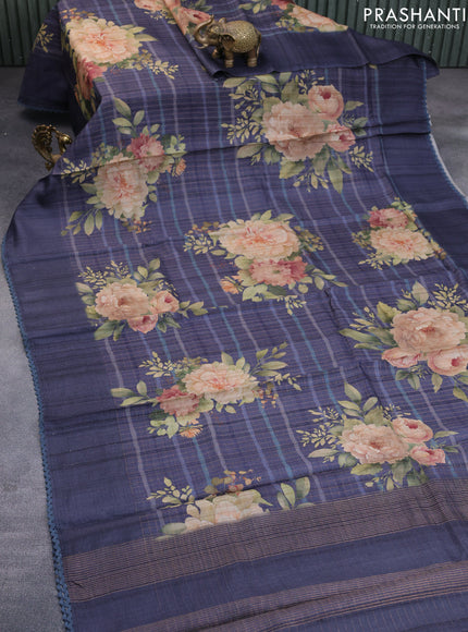 Pure tussar silk saree dark grey with allover floral prints & zari checked pattern and simple crocia lace work