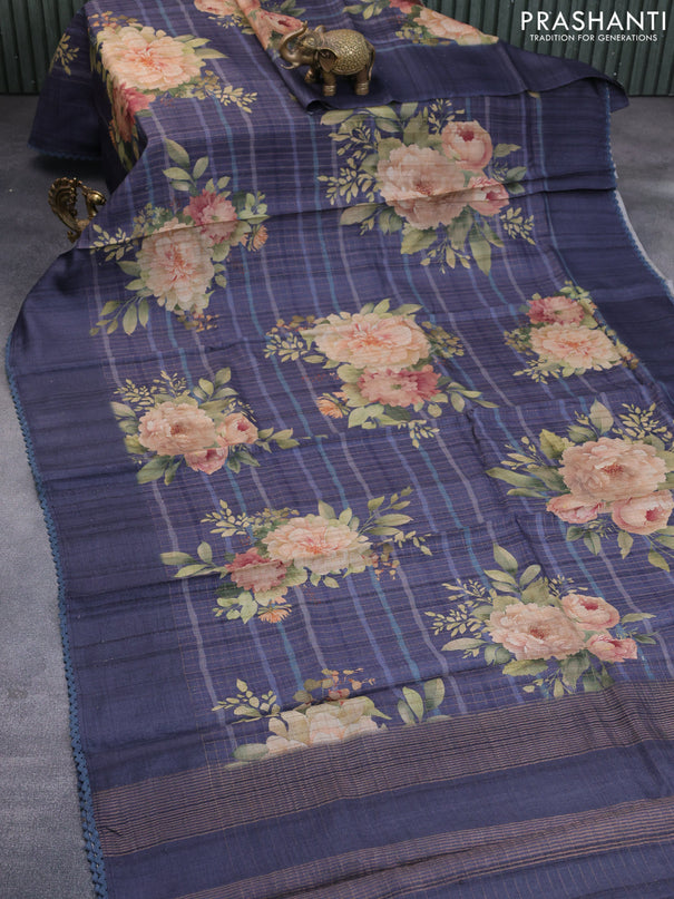 Pure tussar silk saree dark grey with allover floral prints & zari checked pattern and simple crocia lace work