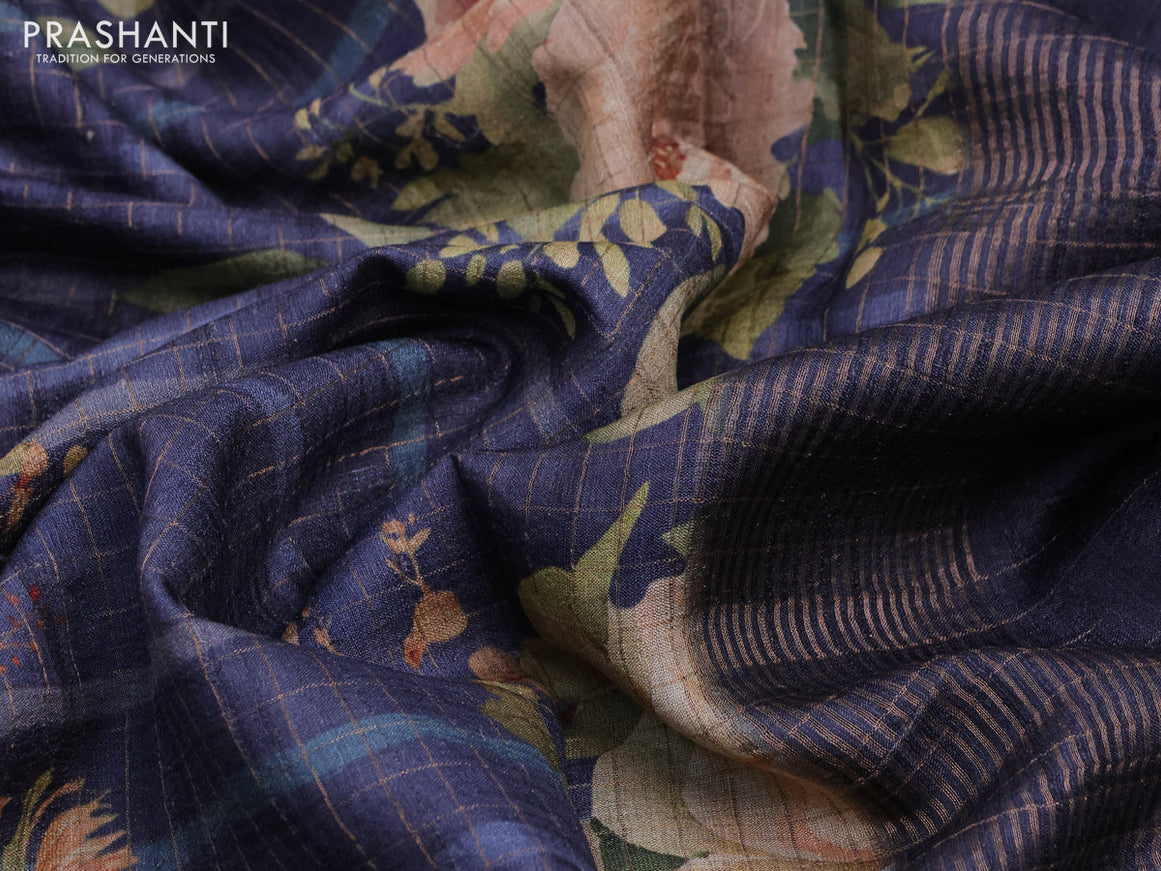 Pure tussar silk saree dark grey with allover floral prints & zari checked pattern and simple crocia lace work