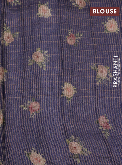 Pure tussar silk saree dark grey with allover floral prints & zari checked pattern and simple crocia lace work