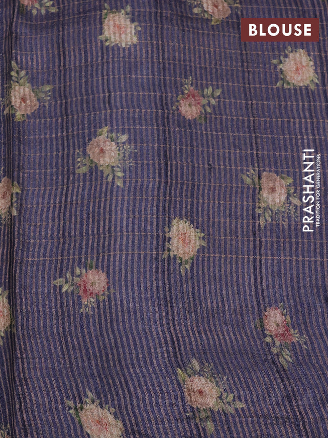 Pure tussar silk saree dark grey with allover floral prints & zari checked pattern and simple crocia lace work