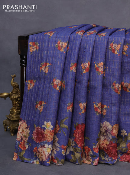 Pure tussar silk saree dark blue with allover floral prints & zari checked pattern and floral printed border