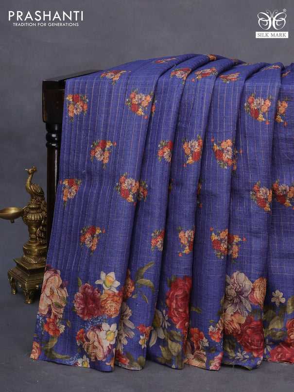 Pure tussar silk saree dark blue with allover floral prints & zari checked pattern and floral printed border