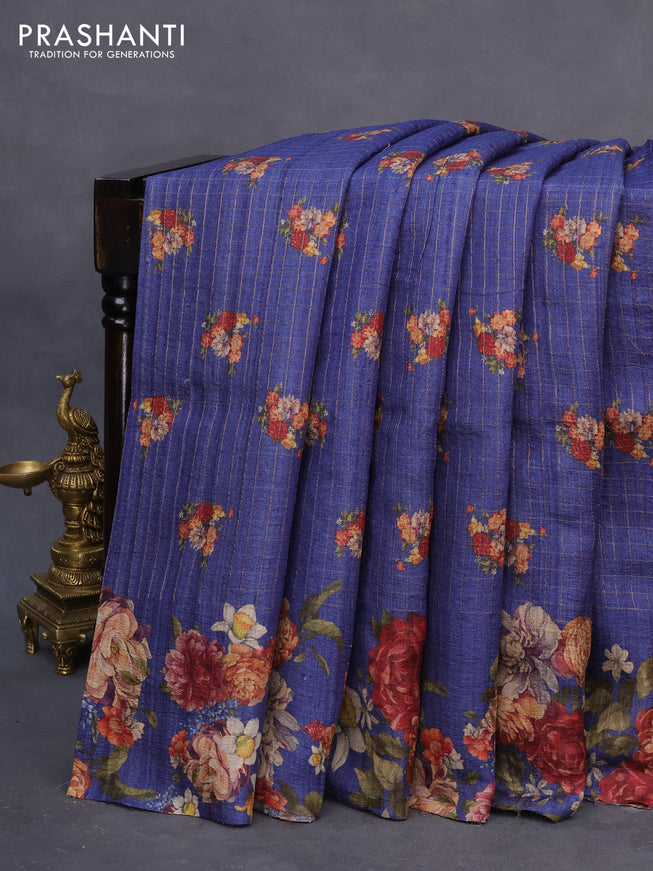 Pure tussar silk saree dark blue with allover floral prints & zari checked pattern and floral printed border