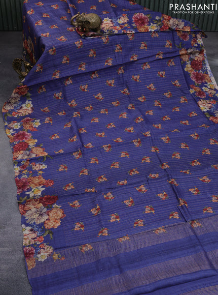 Pure tussar silk saree dark blue with allover floral prints & zari checked pattern and floral printed border