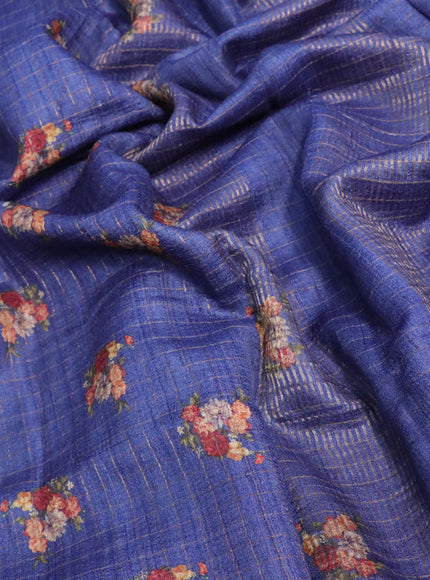 Pure tussar silk saree dark blue with allover floral prints & zari checked pattern and floral printed border