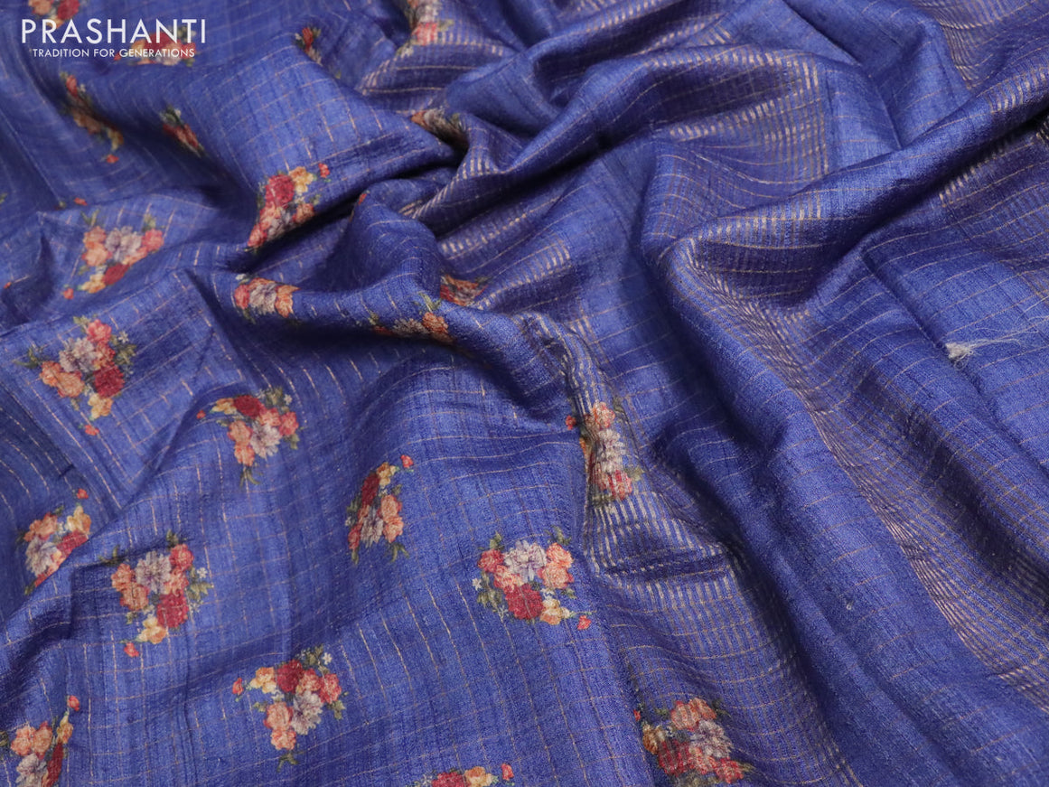 Pure tussar silk saree dark blue with allover floral prints & zari checked pattern and floral printed border