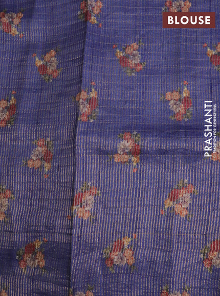 Pure tussar silk saree dark blue with allover floral prints & zari checked pattern and floral printed border