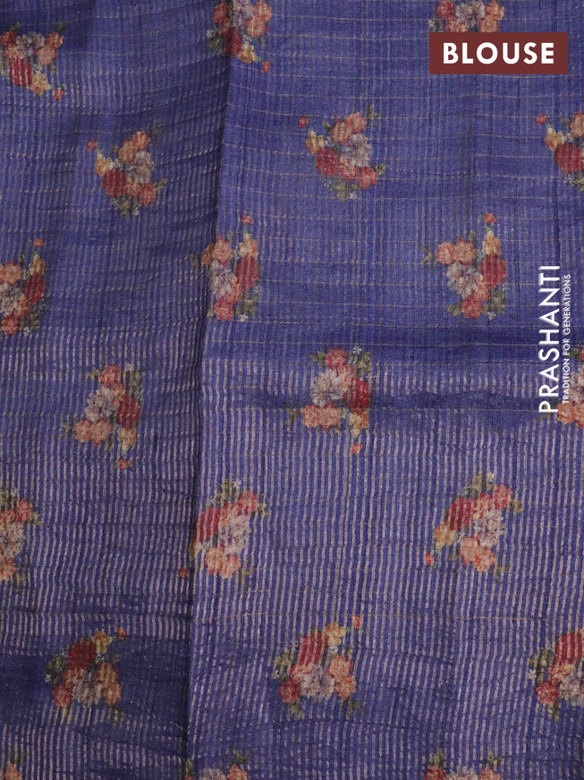 Pure tussar silk saree dark blue with allover floral prints & zari checked pattern and floral printed border