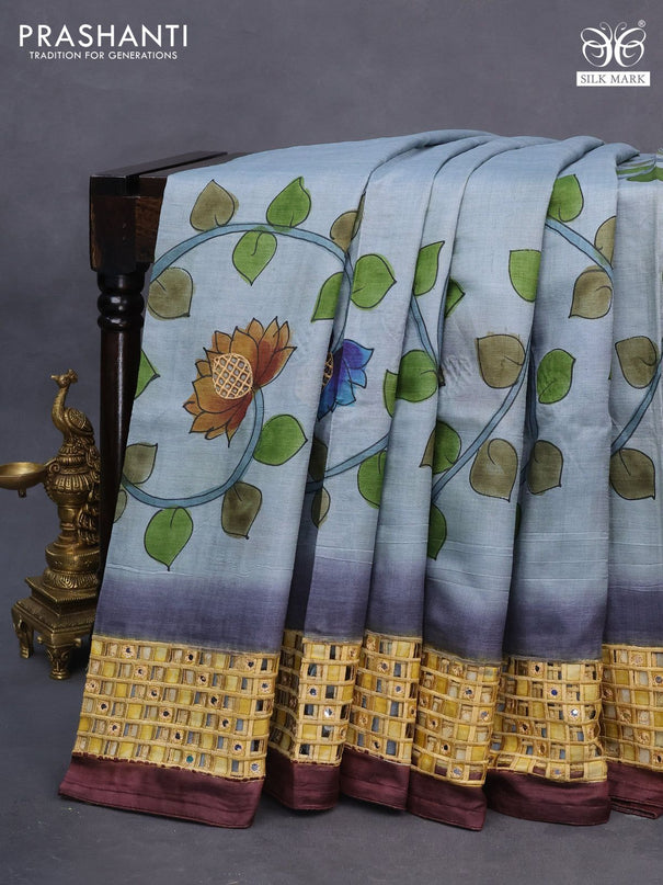 Pure tussar silk saree pastel grey and wine shade with kalamkari prints & cut work and cut work border