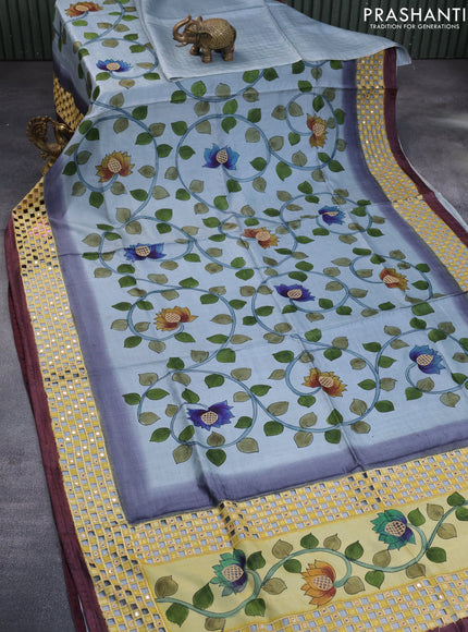 Pure tussar silk saree pastel grey and wine shade with kalamkari prints & cut work and cut work border