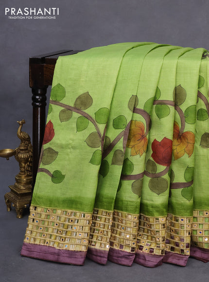 Pure tussar silk saree light green and wine shade with kalamkari prints & cut work and cut work border