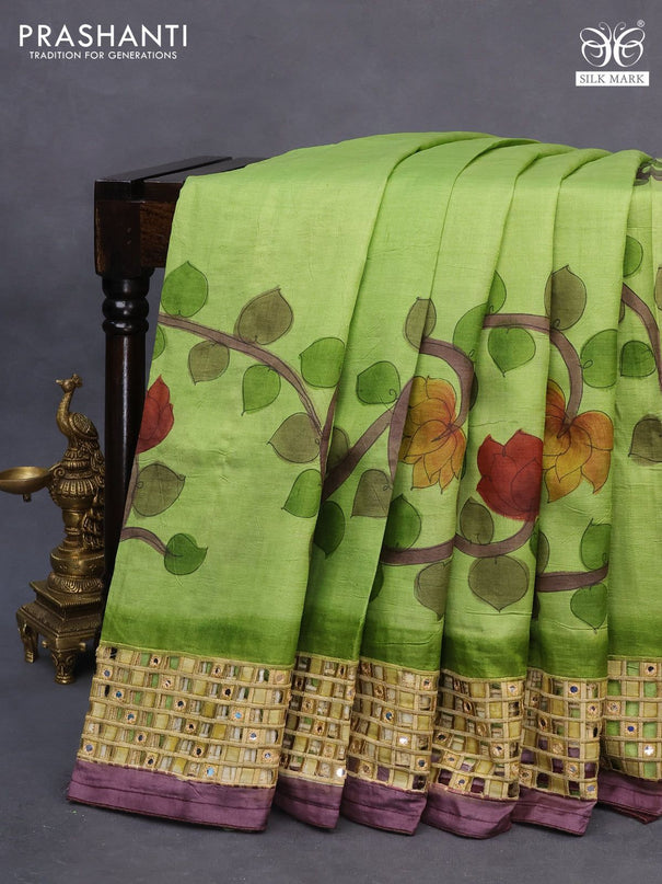 Pure tussar silk saree light green and wine shade with kalamkari prints & cut work and cut work border