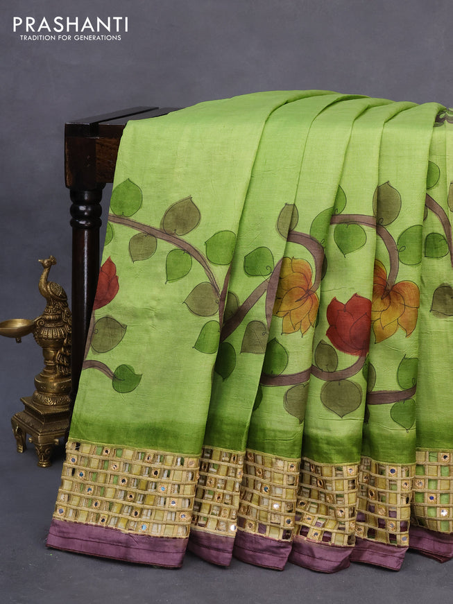 Pure tussar silk saree light green and wine shade with kalamkari prints & cut work and cut work border