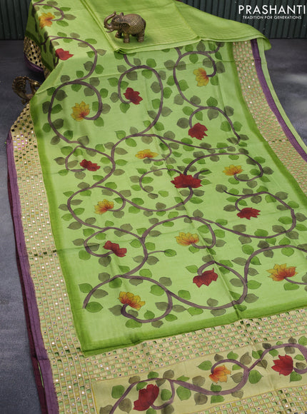 Pure tussar silk saree light green and wine shade with kalamkari prints & cut work and cut work border