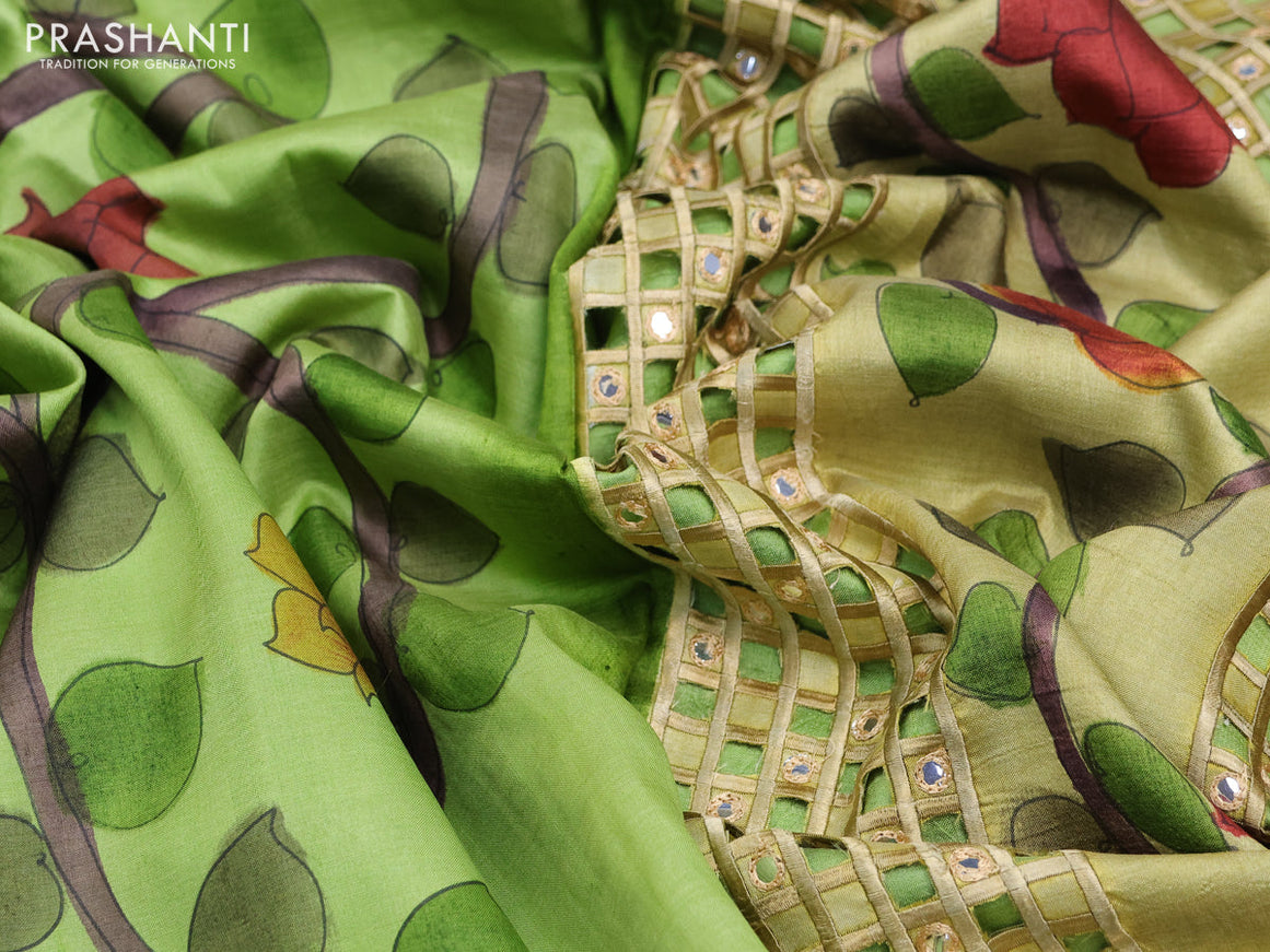 Pure tussar silk saree light green and wine shade with kalamkari prints & cut work and cut work border