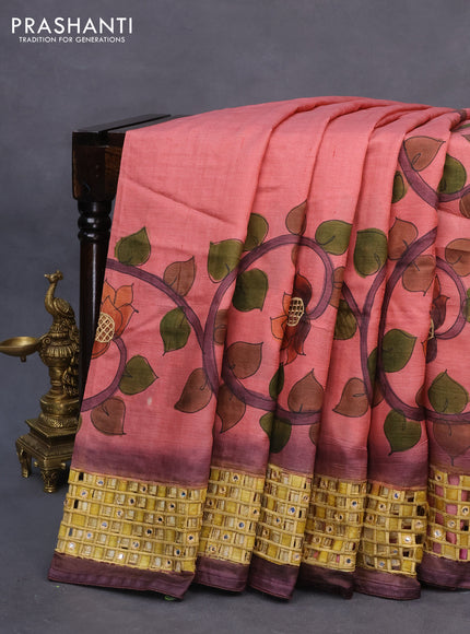 Pure tussar silk saree pastel pink and wine shade with kalamkari prints & cut work and cut work border