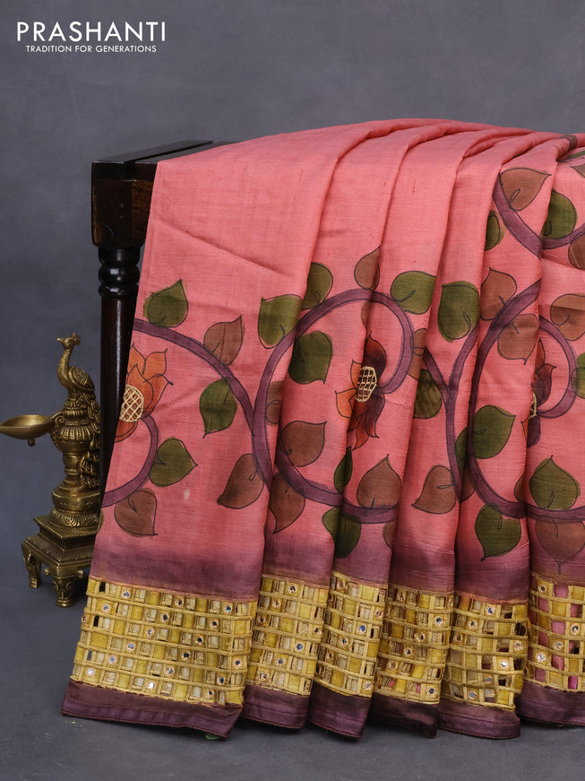 Pure tussar silk saree pastel pink and wine shade with kalamkari prints & cut work and cut work border