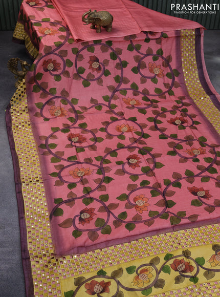 Pure tussar silk saree pastel pink and wine shade with kalamkari prints & cut work and cut work border