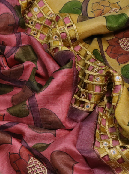 Pure tussar silk saree pastel pink and wine shade with kalamkari prints & cut work and cut work border