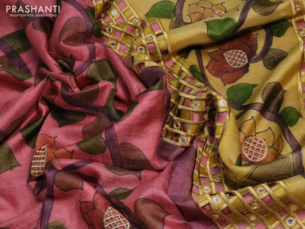 Pure tussar silk saree pastel pink and wine shade with kalamkari prints & cut work and cut work border