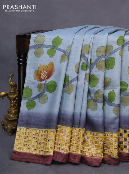 Pure tussar silk saree pastel grey and wine shade with kalamkari prints & cut work and cut work border