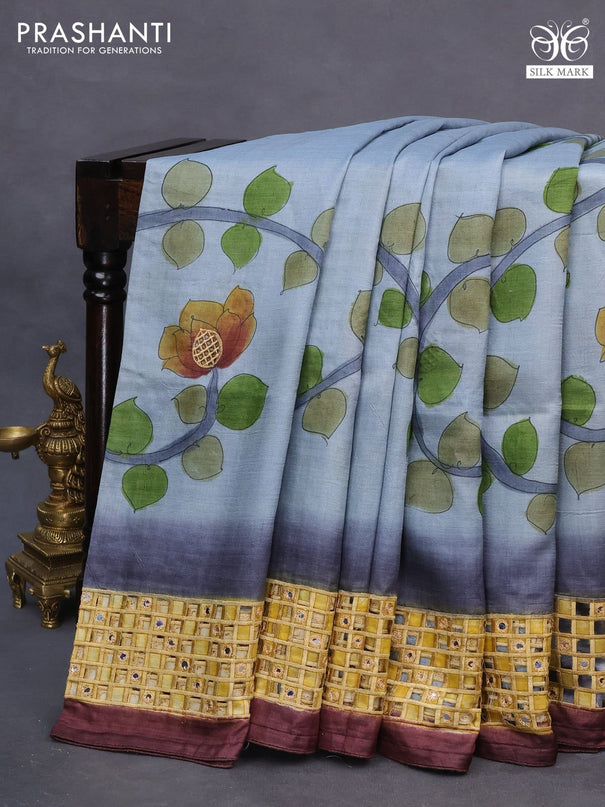 Pure tussar silk saree pastel grey and wine shade with kalamkari prints & cut work and cut work border