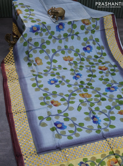 Pure tussar silk saree pastel grey and wine shade with kalamkari prints & cut work and cut work border