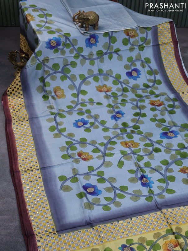 Pure tussar silk saree pastel grey and wine shade with kalamkari prints & cut work and cut work border