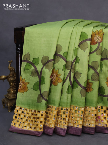 Pure tussar silk saree light green and yellow wine shade with kalamkari prints & cut work and cut work border